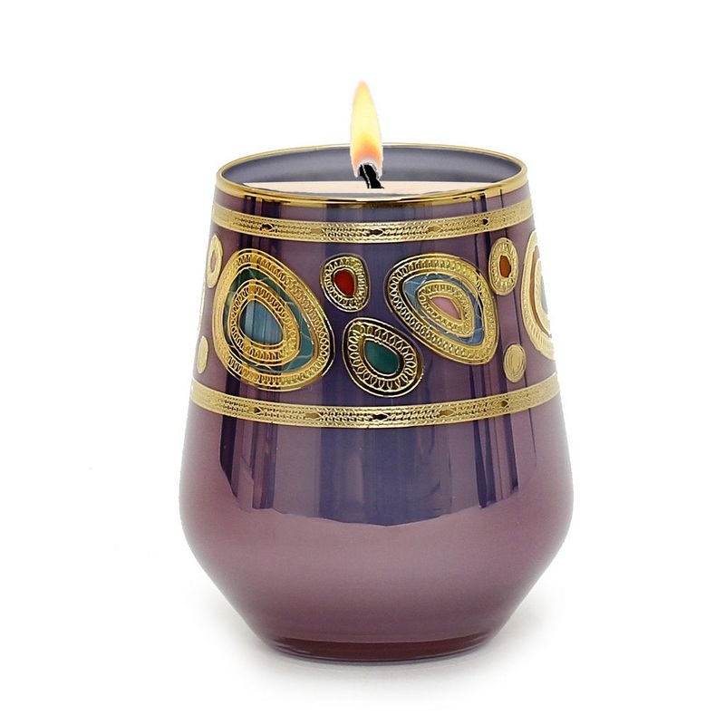CRYSTAL CANDLES: Regalia Design Luxury Glass Candle with 14 Carats Gold finish – Purple color (12 Oz)