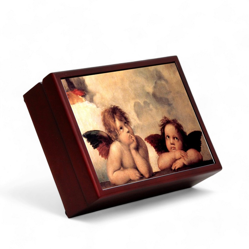 SUBLIMART: Wood Box  Lined large wood box with printed tile – Opera “Angel and Cherubs” by Raphael