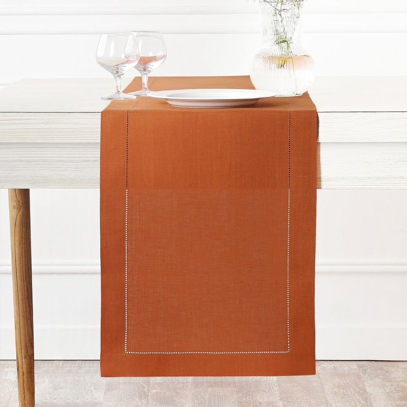 100% Pure Linen Rust Table Runner – Hemstitch