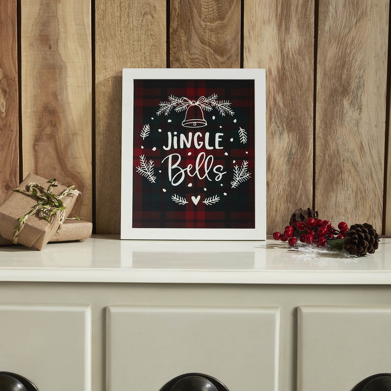 Jingle Bells Wreath Plaid Framed Wall Hanging Sign 12×10