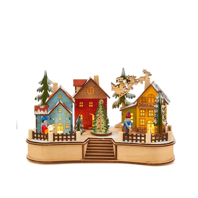 Kurt Adler Battery-Operated LED Musical Village with Moving Parts, 7″