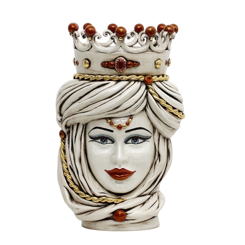 CALTAGIRONE: Moorish Sicilian Head Vase – Woman Antiqued White glaze with 24 Carats Gold Accents (Extra Large)