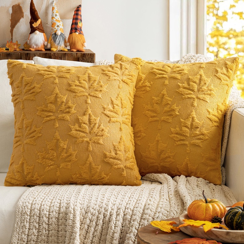 MIULEE Fall Throw Pillow Covers 20×20 Mustard Yellow Set of 2 Autumn Decorative Hollow Maple Leaf Pattern Pillow Covers Soft Plush Faux Wool Couch Pillow Covers for Couch Bed Room