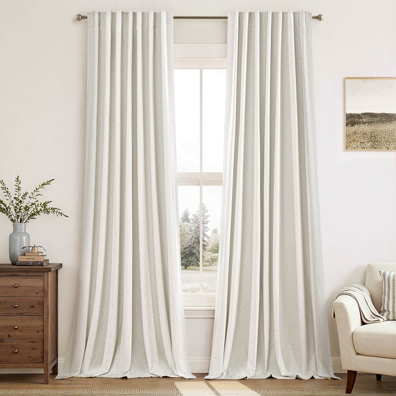 MIULEE Linen 100% Blackout Curtains 102 Inch Long 2 Panels, Back Tab Pinch Pleated Hook Belt Clip Rings Thermal Insulated Drapes for Bedroom Living Room Ivory Natural Black Out Window Curtains