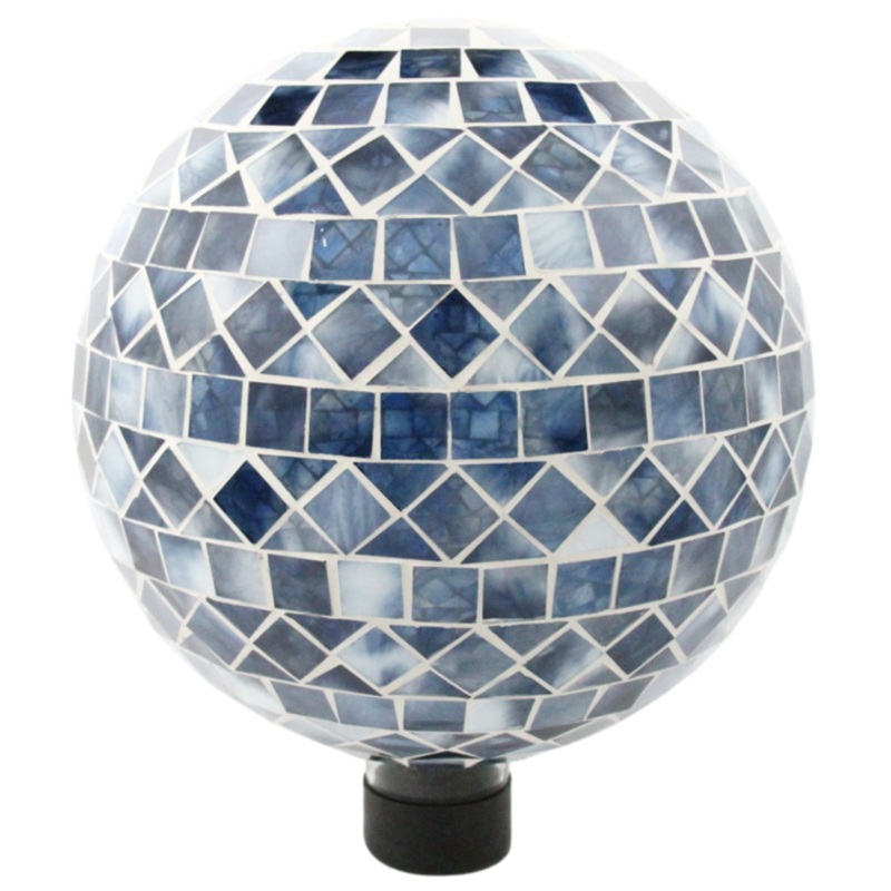 Very Cool Stuff Mosaic Glass Gazing Globe with Hanging Chain, Blue Triangle & Square Tile, 10in