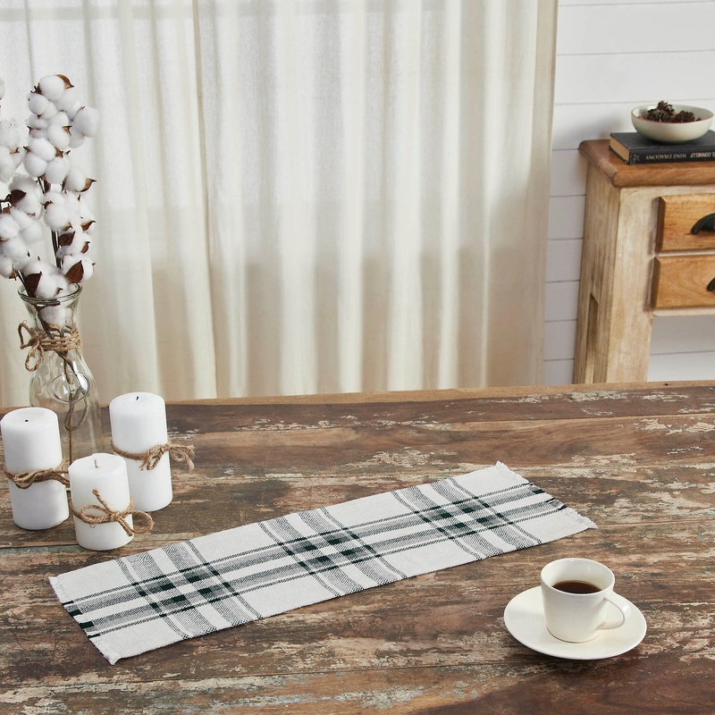 Harper Plaid Green White Runner Fringed 8×24