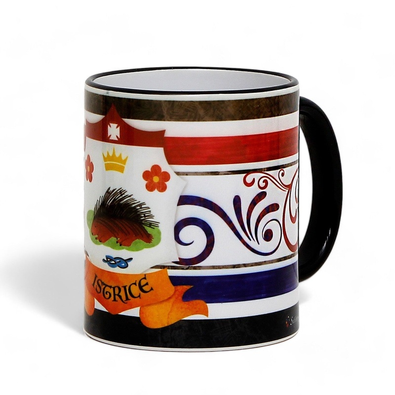 SUBLIMART: Palio di Siena Porcelain printed mug – Black Handle & Rim – Design by Mario Bruno – ISTRICE (Porcupine)