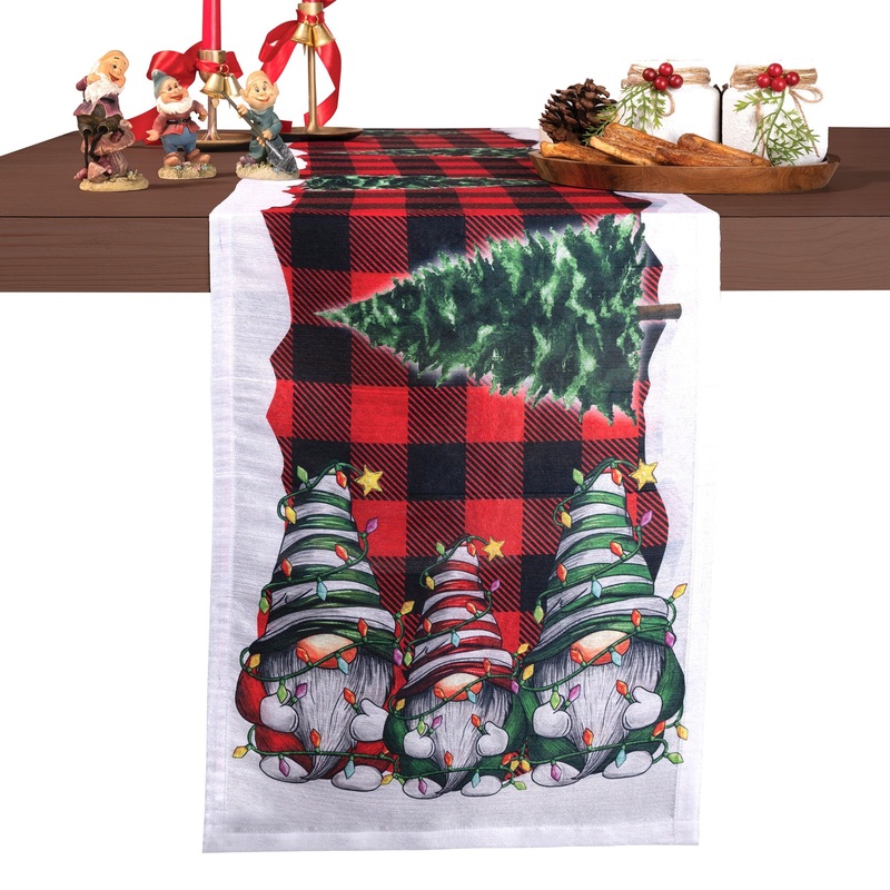 Gnomes Plaid Vegan Silk Table Runner – Christmas Print