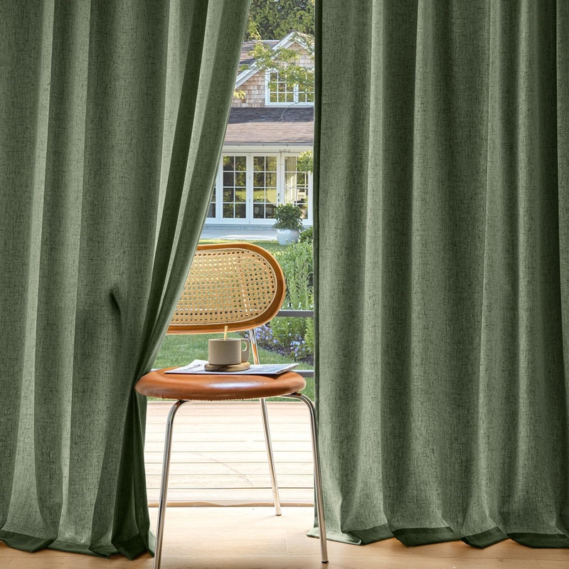 MIULEE Non-See-Through Privacy Linen Curtains 2 Panels, Light Filtering Window Curtains Farnhouse Textured Back Tab Semi Sheer Drapes for Bedroom Living Room, 52 x 63 Inches Long, Olive Green