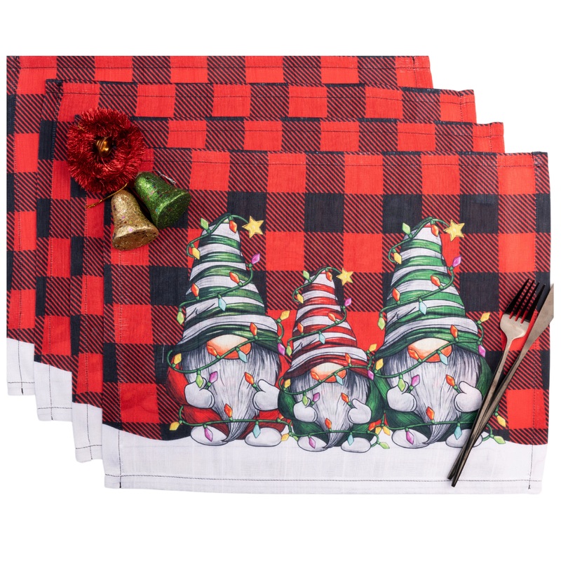 Gnomes Plaid Vegan Silk Placemats 13 x 18 Inch Set of 4 – Christmas Print