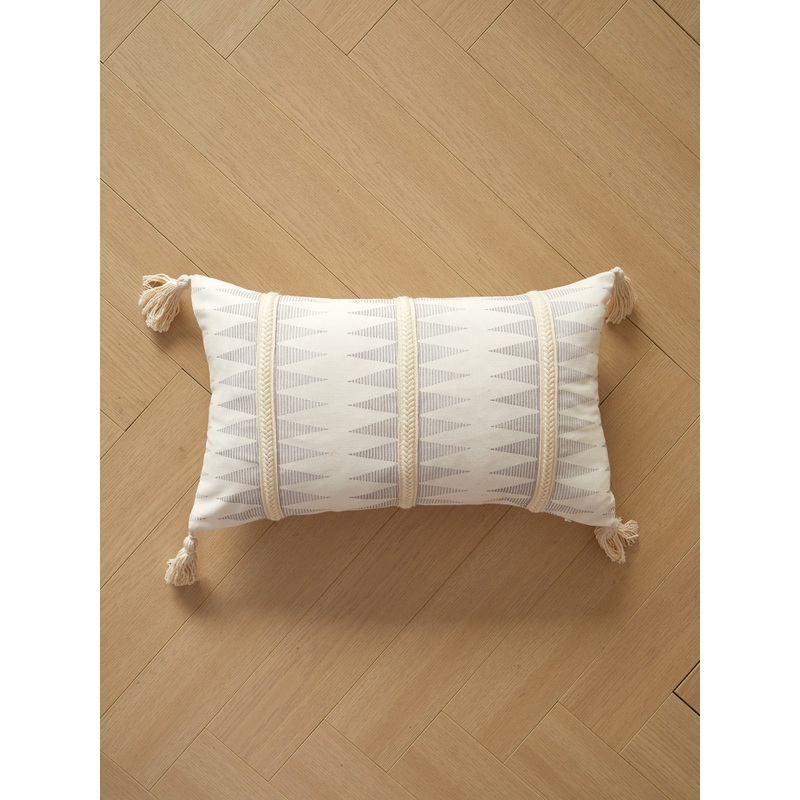 Grey Printed Tufted Oblong Pillow