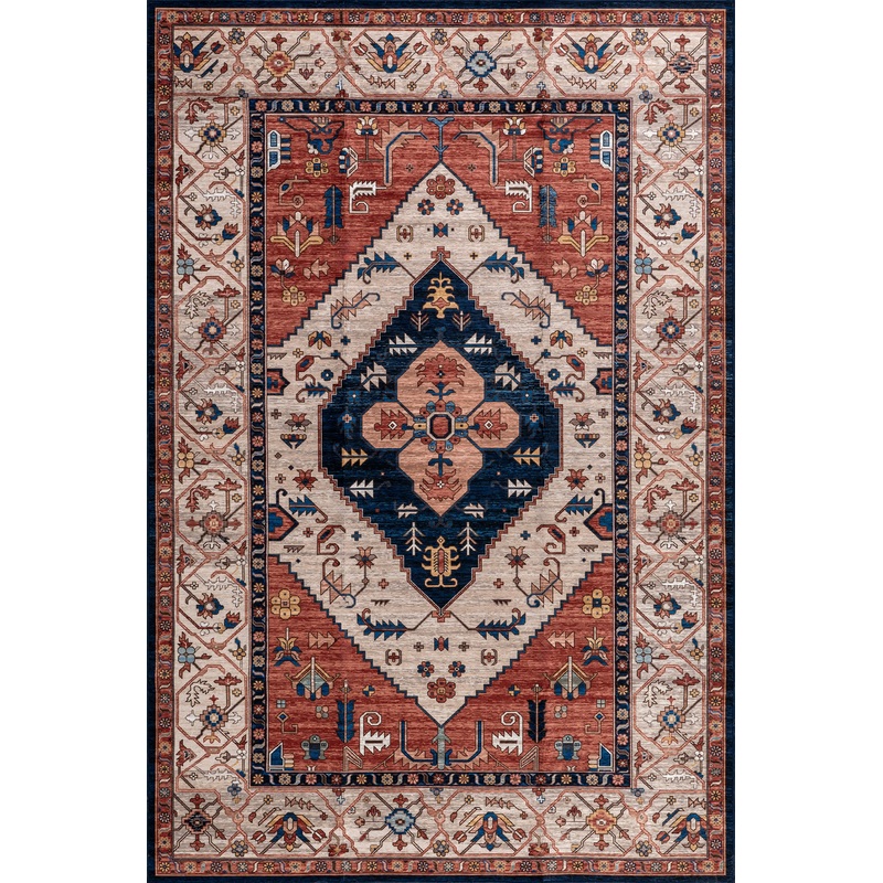 Tribal Medallion Spill Proof Washable Rug | Rust