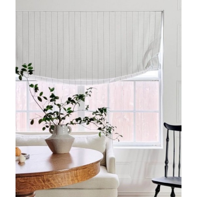 Vivienne Plaid Striped Linen No-Drill Roman Shades & Blinds | Relaxed