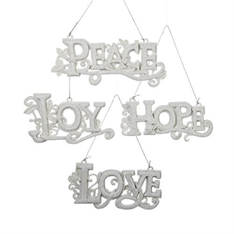Kurt Adler Word Sign Ornaments, Love, Hope, Joy and Peace, White, 4-Piece Set