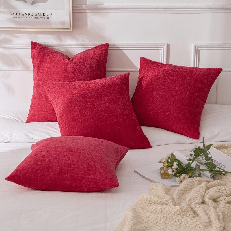 MIULEE Pack of 4 Christmas Red Throw Pillow Covers 16×16 Inch Soft Chenille Couch Pillow Covers for Sofa Living Room Solid Dyed Pillow Cases