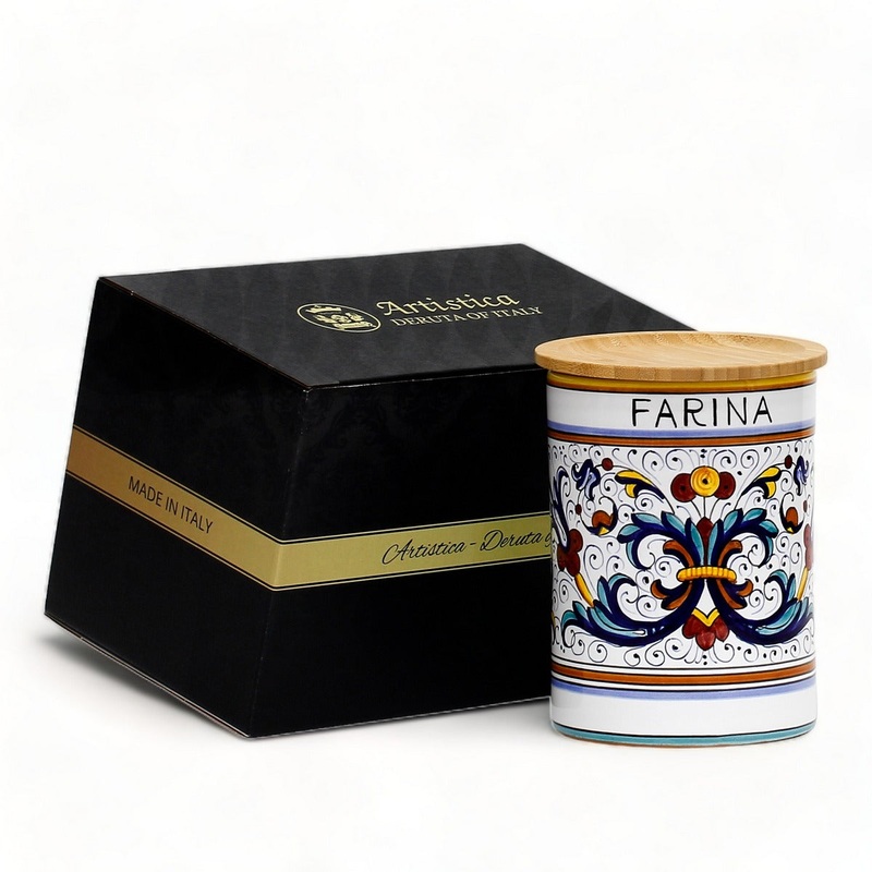 GIFT BOX: With authentic Deruta hand painted ceramic – NEW! Farina (Flour) Canister with Bamboo Lid Ricco Deruta Design