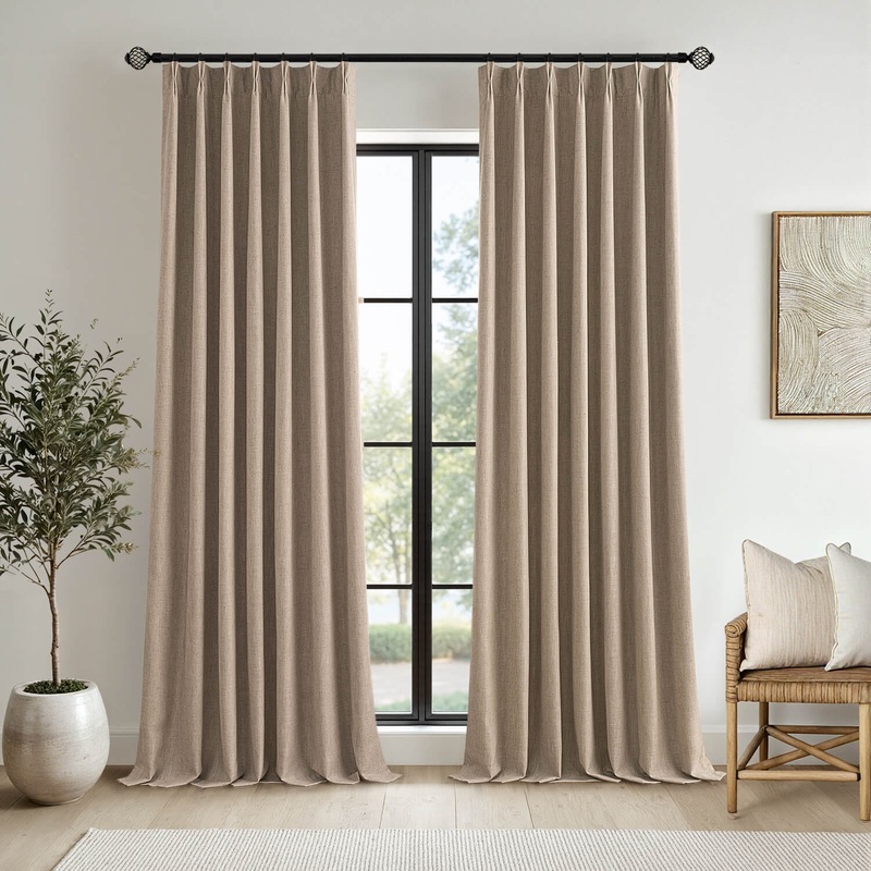 MIULEE Copper Brown Pinch Pleated 100% Blackout Linen Curtains 108 Inch Long 2 Panels Set, Pleat Curtain with Pin Hooks, Black Out Light Blocking Room Darkening Drapes for Bedroom Living Room Window