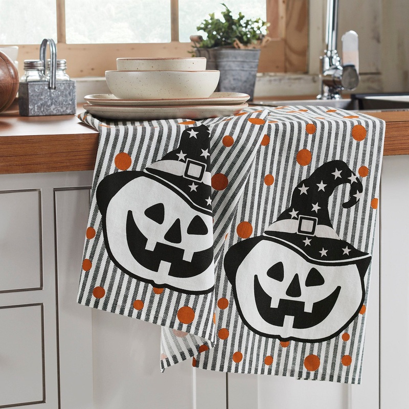 Witchy Pumpkins Striped Tea Towel Set of 2 19×28