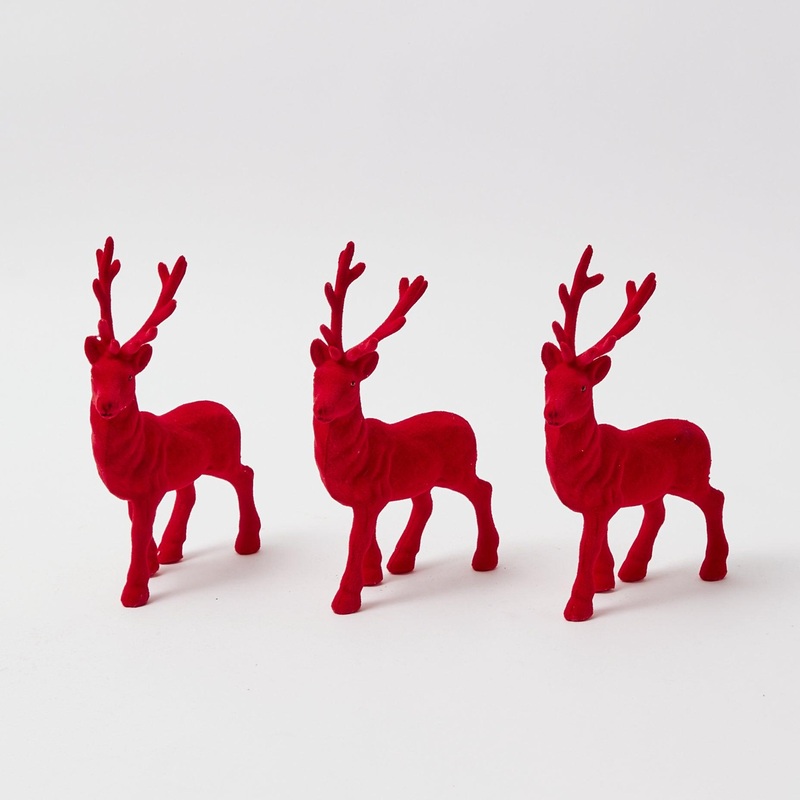 Red Flocked Reindeer Trio