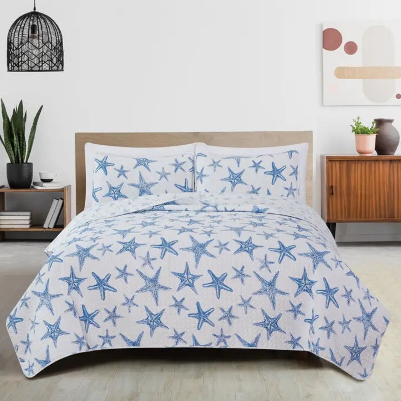 Sale! Queen Trinidad Coastal Blue Sea Star Quilt Set 3PC