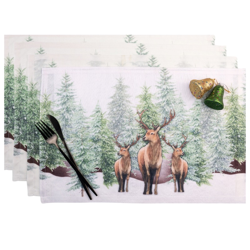 Reindeer & Pine Tree Vegan Silk Placemats 13 x 18 Inch Set of 4 – Christmas Print