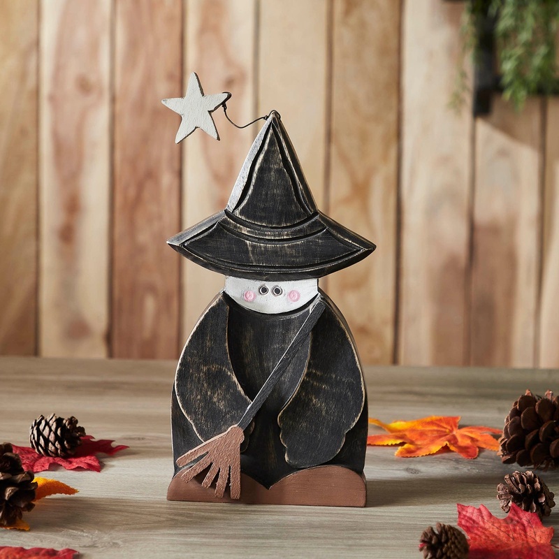 Witch w/ Broom Wooden Figurine 10×5.5×1.5