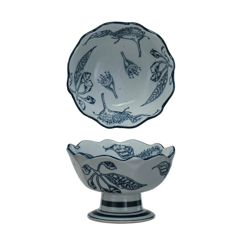 Hand-Stamped Stoneware Footed Bowl w/ Botanicals