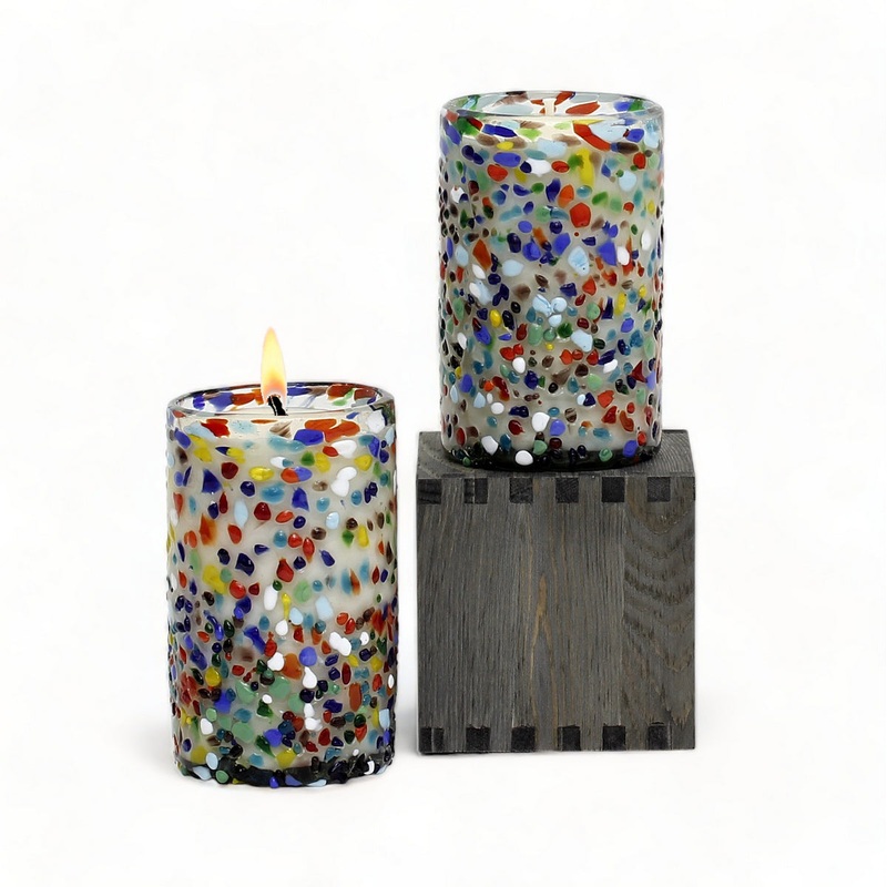 HOLIDAYS MURANO CANDLE: Murano Murrina Style Glass Tall Tumbler (14 Oz.) – SET of TWO