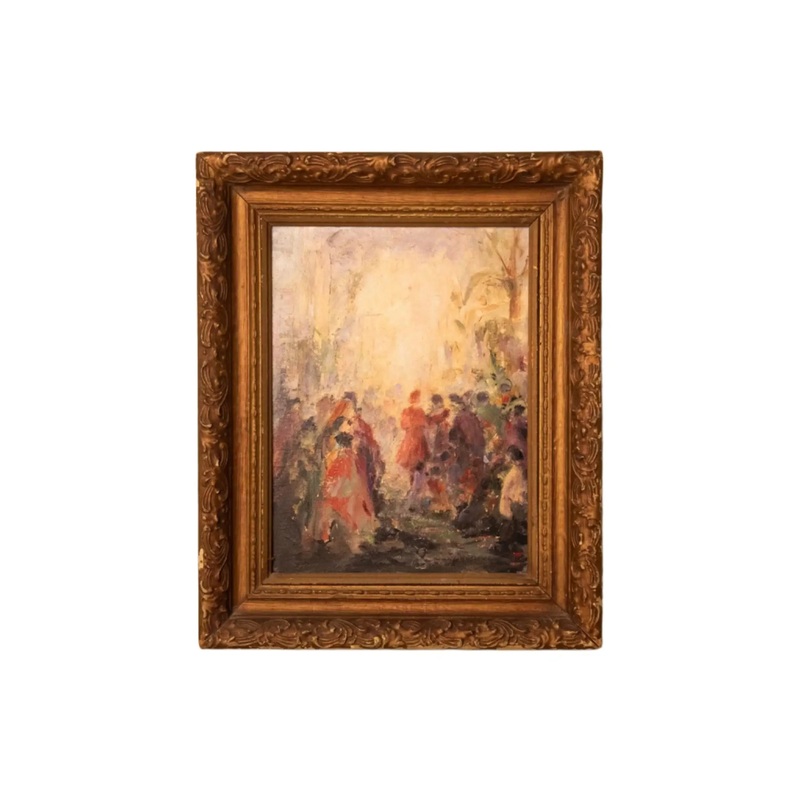 Early 1900s Impressionist Oil Painting  Festive Gathering Scene in Ornate Gold Frame