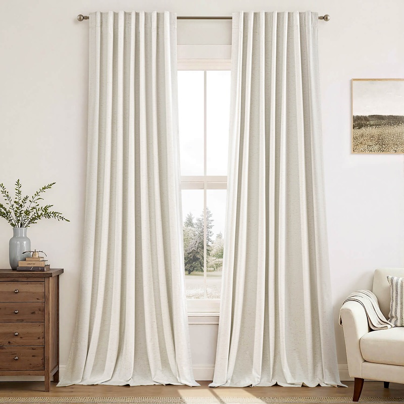 MIULEE Linen 100% Blackout Curtains 84 Inch Length 2 Panels, Back Tab Pleat Hook Belt Clip Rings Thermal Insulated Drapes for Bedroom Living Room Ivory Cream Farmhouse Black Out Window Curtains