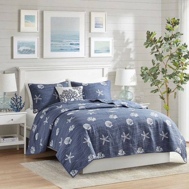 Seaside Nautical 100% Cotton Navy 4PC Quilt Set
