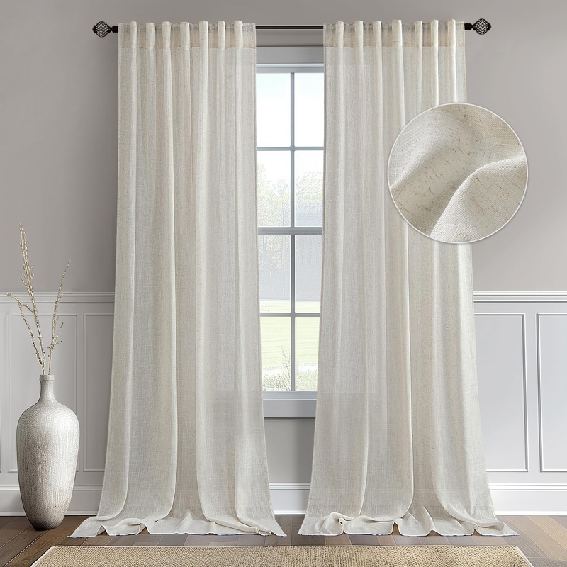 MIULEE Linen Curtains 84 Inch Length for Living Room 2 Panels, Natural Ivory Rod Pocket Back Tab Light Filtering Semi Sheer Boho Soft Linen Window Drapes Farmhouse Burlap Decor Curtains for Bedroom
