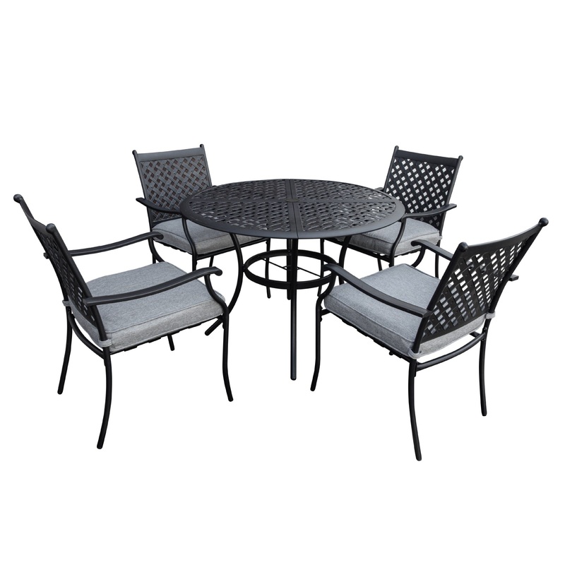 Garden Elements 5-Piece Outdoor Patio Dining Set  42″ Round Table with Umbrella Hole & 4 Armrest Chairs with Cushions  Weather-Resistant Steel, Black/Gray