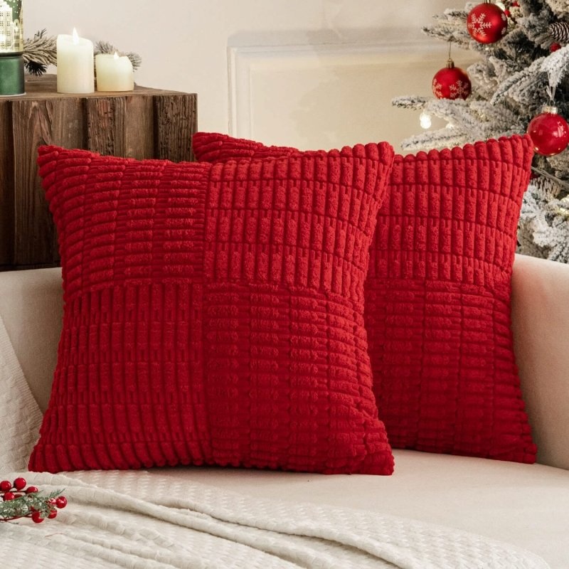 MIULEE Christmas Red Corduroy Pillow Covers Pack of 2 Boho Decorative Spliced Throw Pillow Covers Soft Solid Couch Pillowcases Patchwork Textured Cushion Covers for Living Room Sofa 18×18 inch