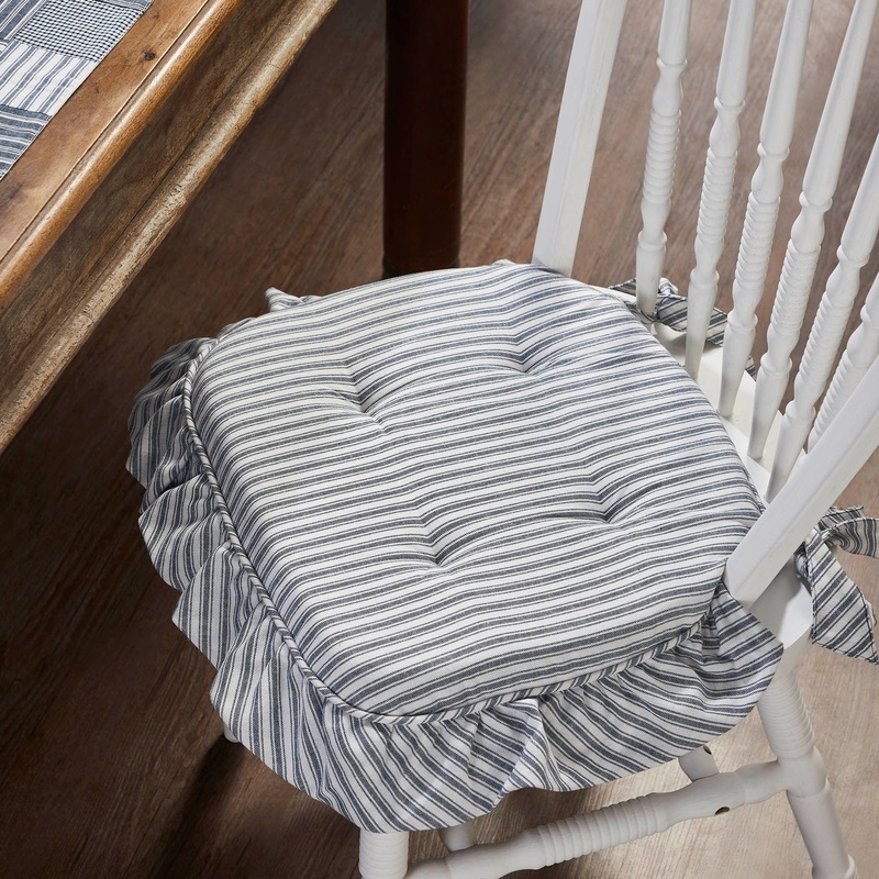 Sawyer Mill Blue Ticking Stripe Ruffled Chair Pad 16.5×18
