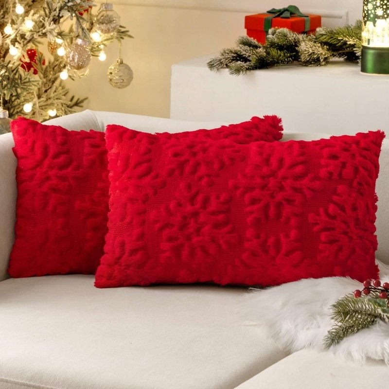 MIULEE Red Throw Pillow Covers Christmas Snowflakes Decorative Pillow Covers 12×20 Inch Soft Plush Faux Wool Pillow Covers Set of 2 Farmhouse Couch Pillows Home Decors for Sofa Livingroom Bed