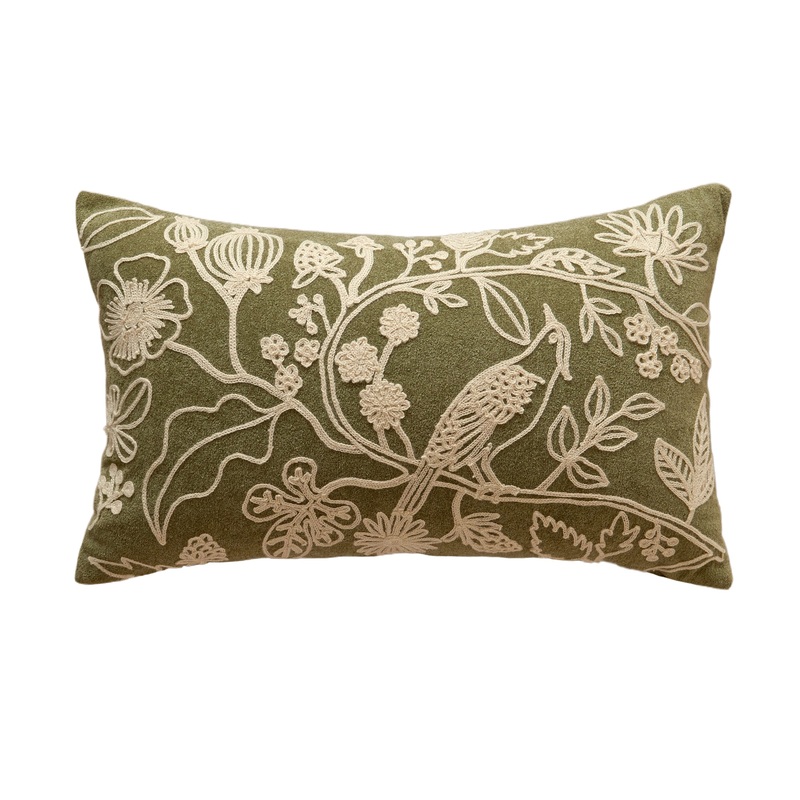 Green Flower and Bird  Oblong Pillow