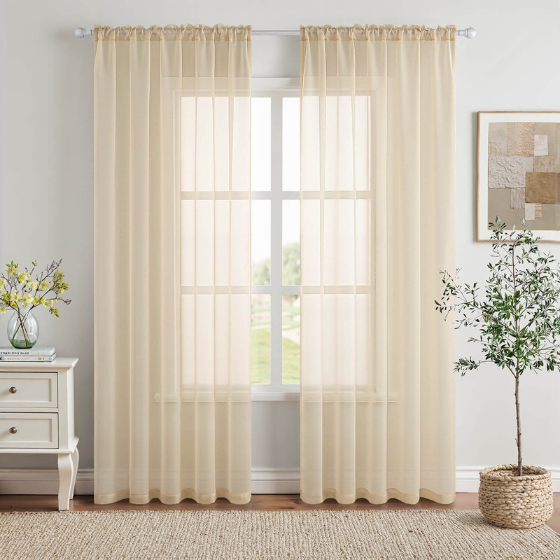 MIULEE 2 Panels Solid Color Sheer Window Curtains Elegant Window Voile Panels/Drapes/Treatment for Bedroom Living Room (54X102 Inches Cream)