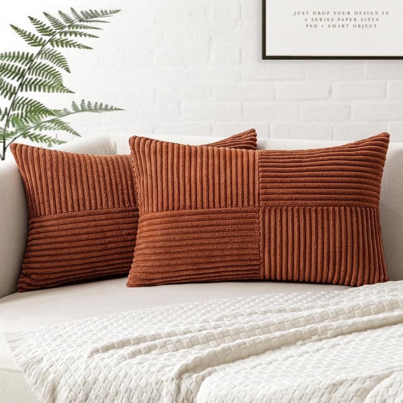 MIULEE Dark Rust Corduroy Pillow Covers Pack of 2 Boho Decorative Spliced Throw Pillow Covers Soft Solid Couch Pillowcases Cross Patchwork Textured Cushion Covers for Living Room Bed Sofa 14×22 inch