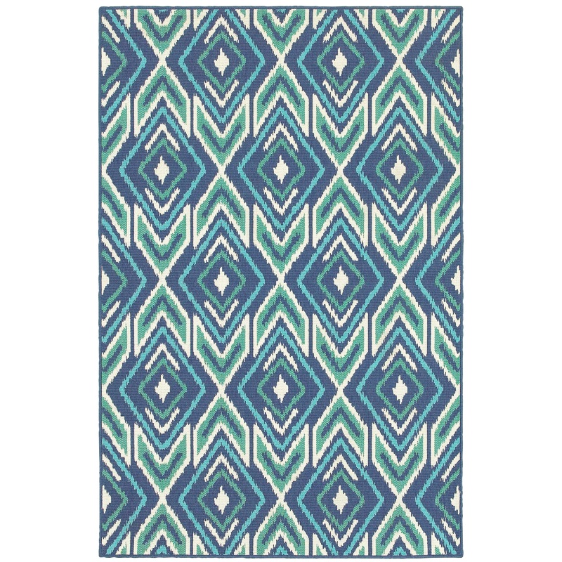 Meridian Navy Green Bohemian Geometric Indoor/Outdoor Rug
