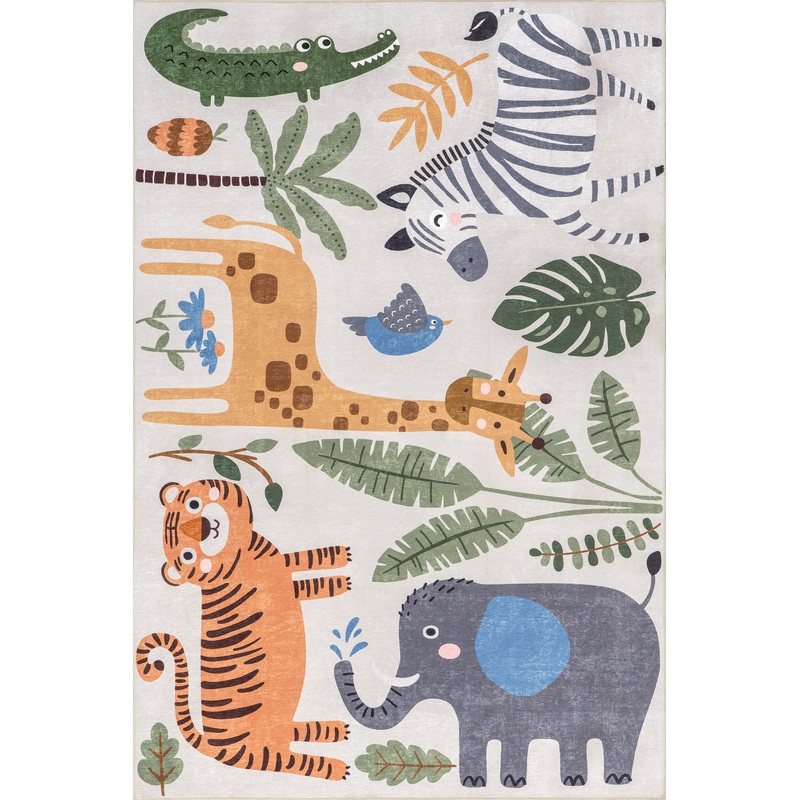 Debra Kids Spill Proof Washable Jungle Friends Rug | White Multicolor