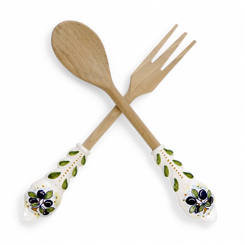 UTENSIL SET: OLIVE Design – Hard Wood with Hand Painted Ceramic Handle (Pair Set)
