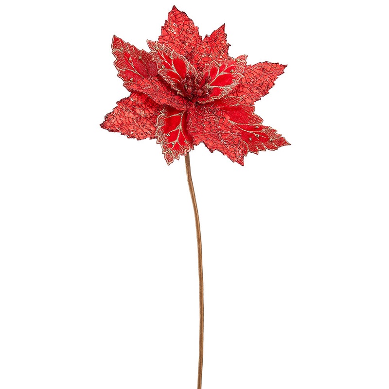 Glittered Sequin Poinsettia Stem – Red