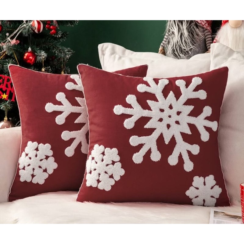 MIULEE Pack of 2 Christmas Decorative Snowflake Throw Pillow Covers Canvas Embroidery Cushion Cases Holiday Decor Soft Pillowcases for Couch Sofa Bedroom CarBurgundy, 18x18in