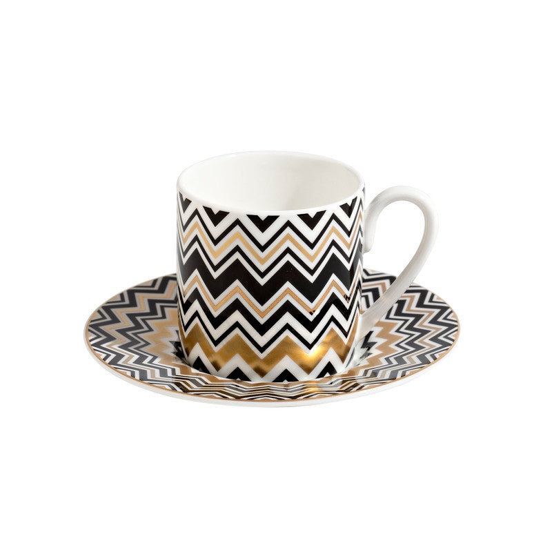 Coffee Cup & Saucer ZIG ZAG Set of 2 in Luxury Box Gold diam. 2.3″, H 2.5″, Cap. 4 oz, Saucer diam. 4.75″