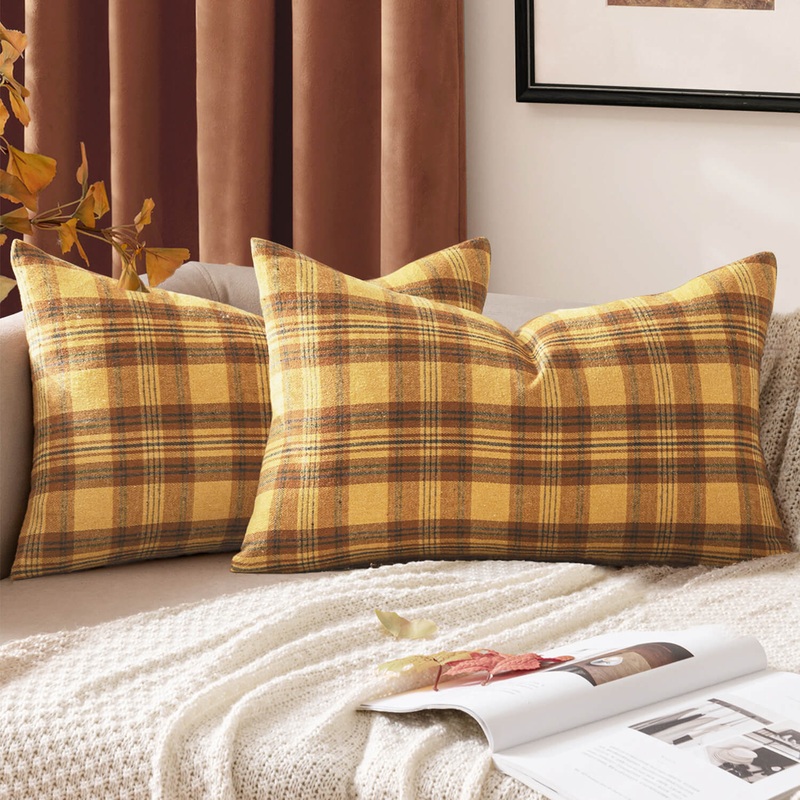 MIULEE Fall Set of 2 Scottish Tartan Plaid Lumbar Throw Pillow Covers Farmhouse Classic Decorative Square Cushion Cases for Decor Sofa Couch 12×20 Inch, Orange