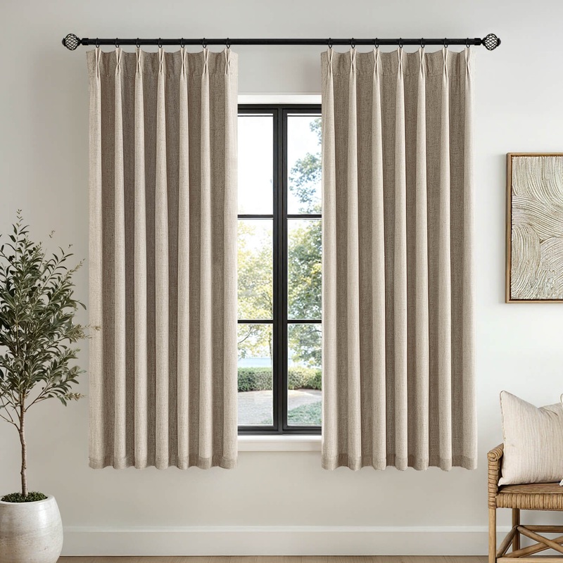 MIULEE Sand Pinch Pleated 100% Blackout Linen Curtains for Bedroom, Room Darkening Light Blocking Window Curtains 63 inches Long for Living Room, Black Out Pleat Drapes with Pin Hooks, 2 Panels
