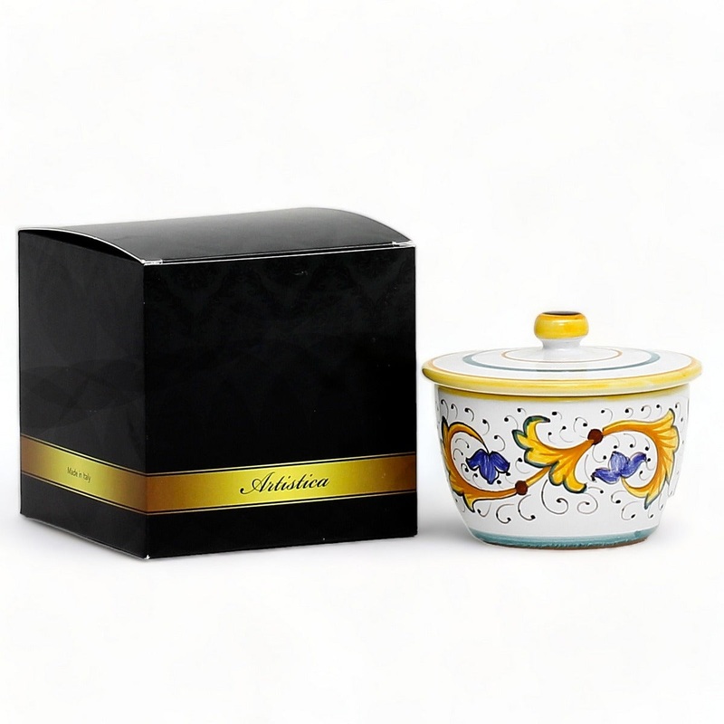 GIFT BOX: With authentic Deruta hand painted ceramic – Sugar Bowl with lid Perugino Design