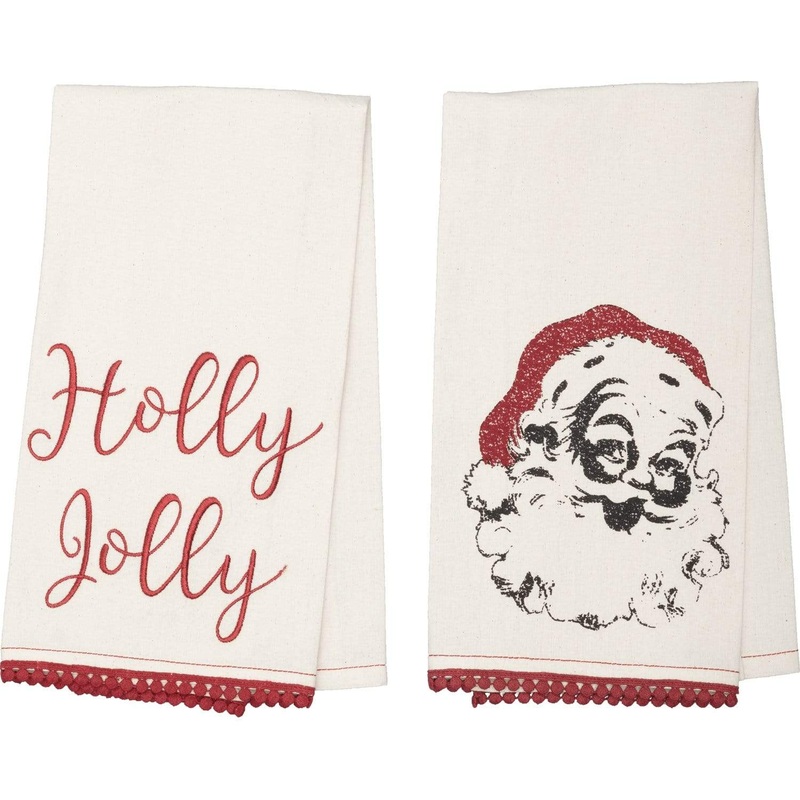 Chenille Christmas Holly Jolly Bleached White Muslin Tea Towel Set of 2 19×28