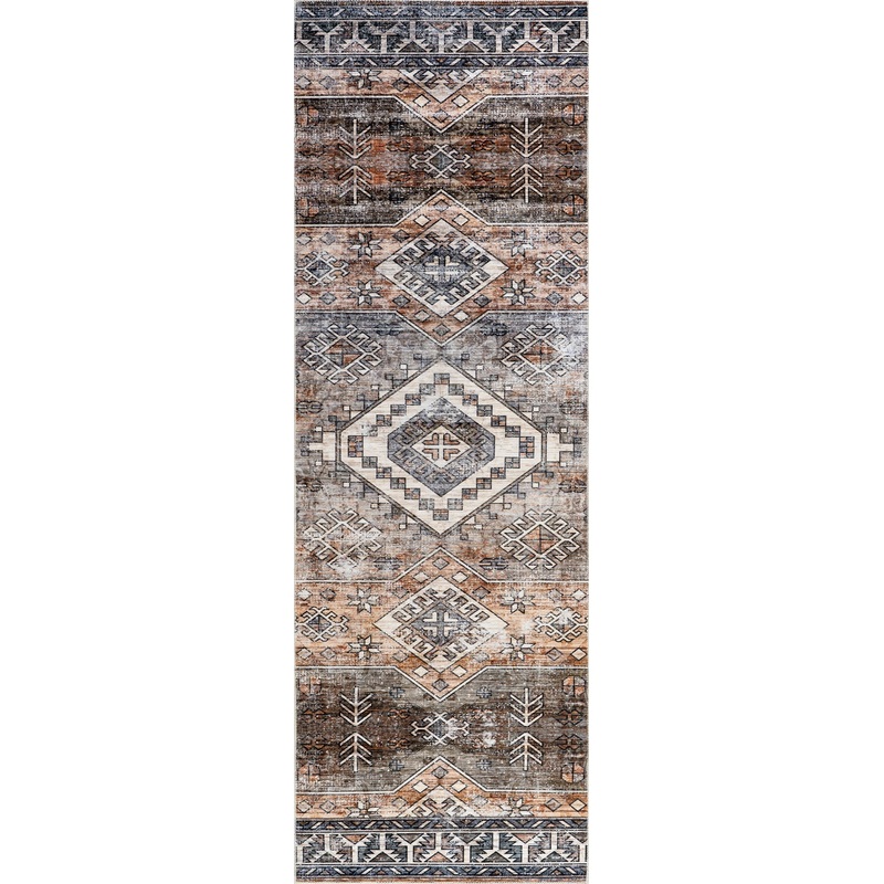 Faded Geometric Spill Proof Washable Rug | Rust